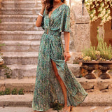 Wrap Maxi Dress with High Slit and Flutter Sleeves