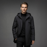 Hooded High-Neck Longline Jacket with Zip Front