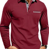 Long Sleeve Polo Shirt with Contrast Plaid Collar