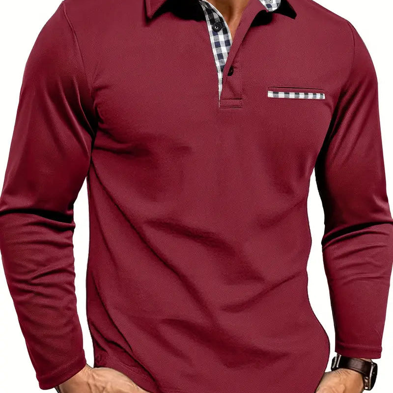 Long Sleeve Polo Shirt with Contrast Plaid Collar