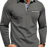 Long Sleeve Polo Shirt with Contrast Plaid Collar