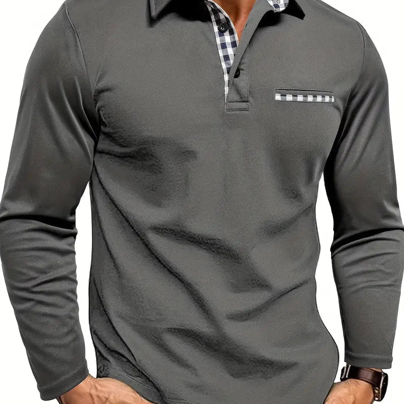 Long Sleeve Polo Shirt with Contrast Plaid Collar