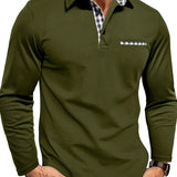 Long Sleeve Polo Shirt with Contrast Plaid Collar
