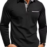 Long Sleeve Polo Shirt with Contrast Plaid Collar