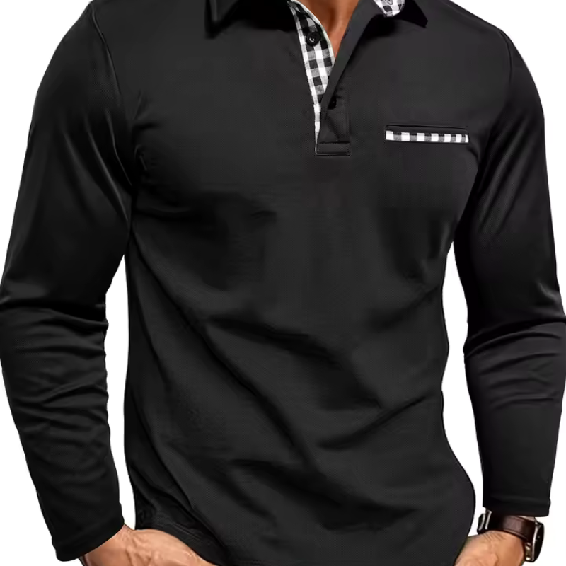 Long Sleeve Polo Shirt with Contrast Plaid Collar