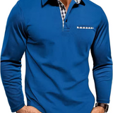 Long Sleeve Polo Shirt with Contrast Plaid Collar