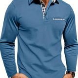 Long Sleeve Polo Shirt with Contrast Plaid Collar