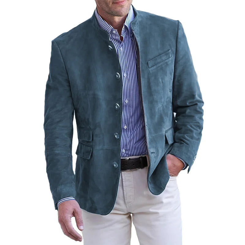 Suede Blazer with Mandarin Collar and Flap Pockets