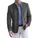 Suede Blazer with Mandarin Collar and Flap Pockets