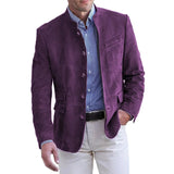 Suede Blazer with Mandarin Collar and Flap Pockets