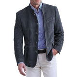 Suede Blazer with Mandarin Collar and Flap Pockets