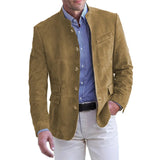 Suede Blazer with Mandarin Collar and Flap Pockets