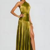 Pleated Halter Maxi Dress with Thigh Slit