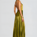 Pleated Halter Maxi Dress with Thigh Slit
