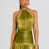 Pleated Halter Maxi Dress with Thigh Slit