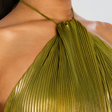 Pleated Halter Maxi Dress with Thigh Slit