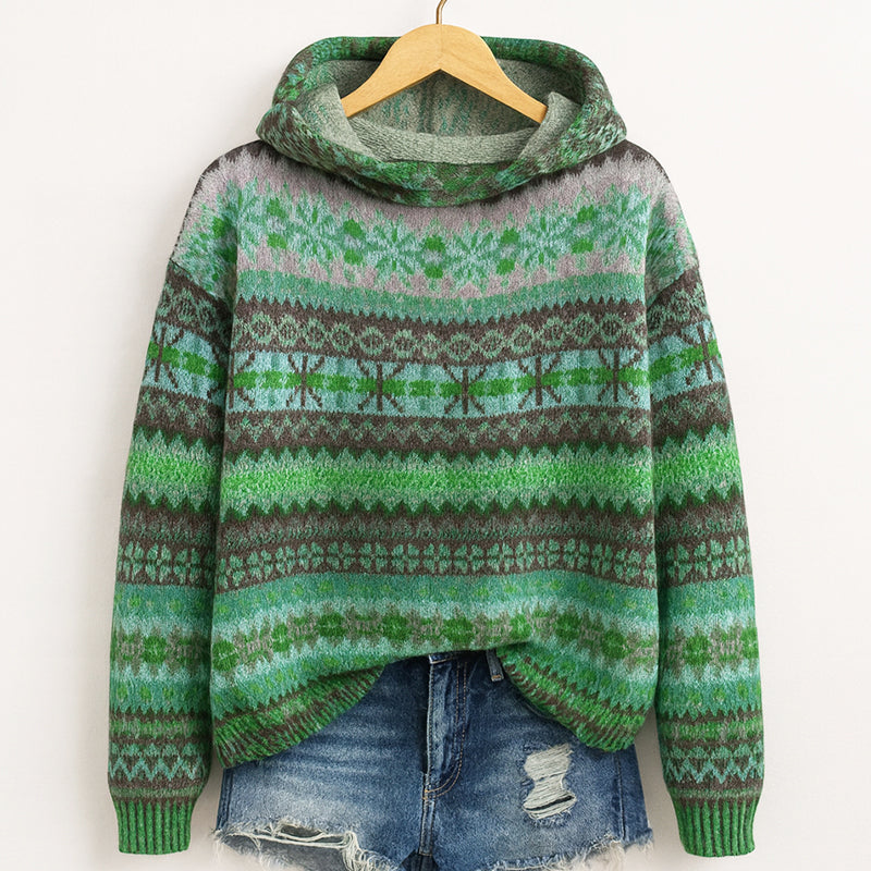 Oversized Fair Isle Hoodie with Long Sleeves and Ribbed Cuff
