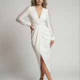 Twist-Front Midi Dress with Lace Sleeves and V-Neck