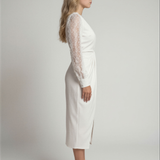 Twist-Front Midi Dress with Lace Sleeves and V-Neck