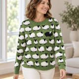 Knit Sweater for Women – Sheep Pattern Crew Neck Pullover with Textured Design