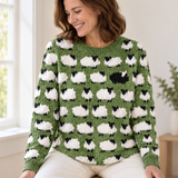 Knit Sweater for Women – Sheep Pattern Crew Neck Pullover with Textured Design