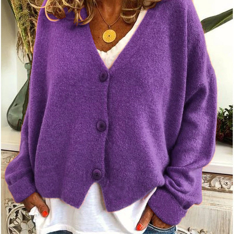 V-Neck Knit Cardigan with Button Front and Long Sleeves