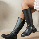 Knee-High Riding Boots with Buckle Strap and Side Zip
