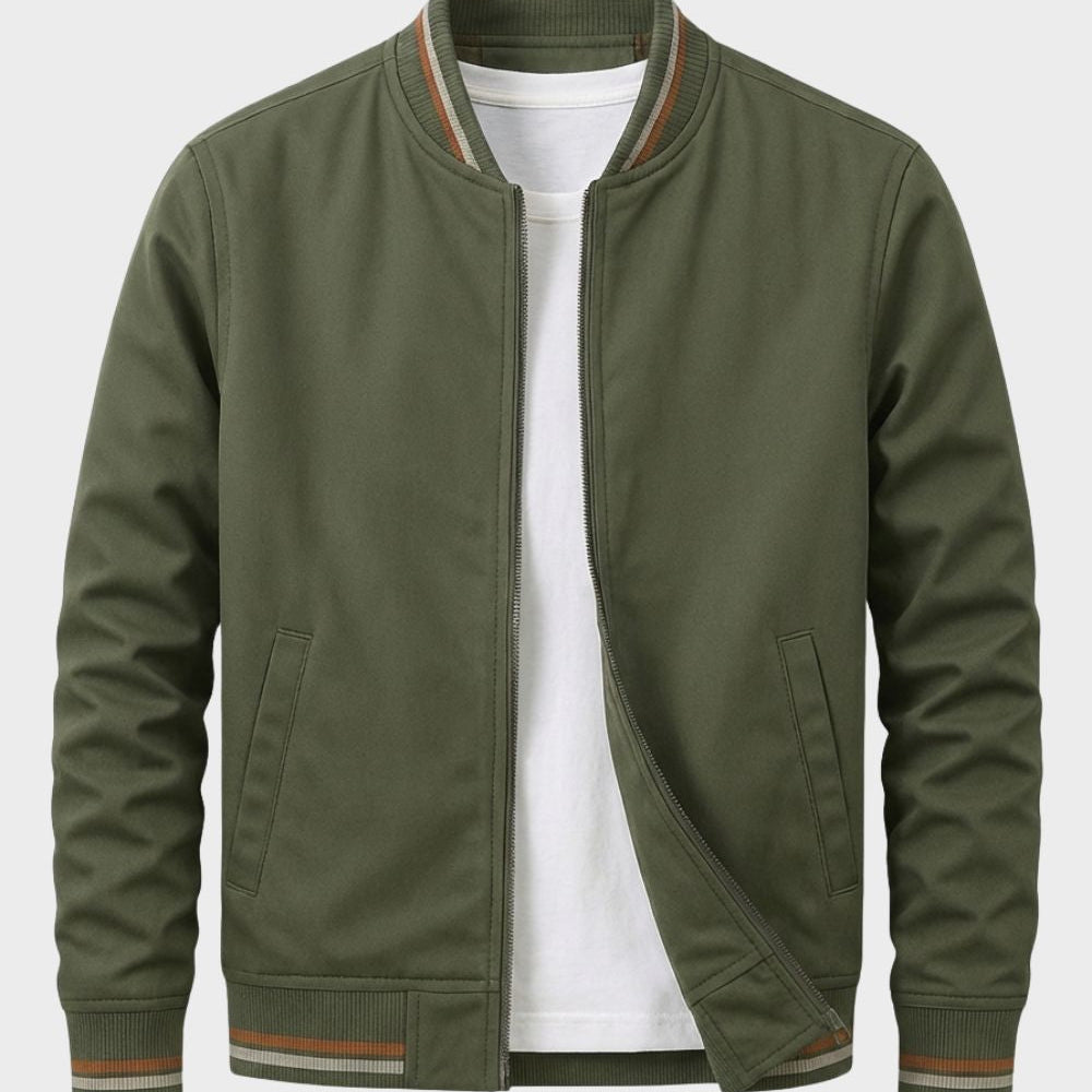 Rib-Knit Trim Bomber Jacket with Zip Front and Stand Collar