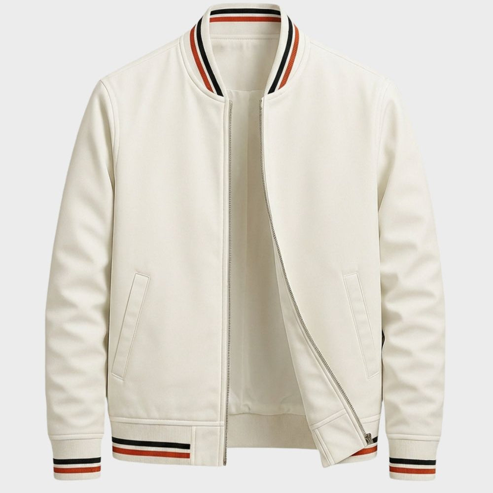 Rib-Knit Trim Bomber Jacket with Zip Front and Stand Collar