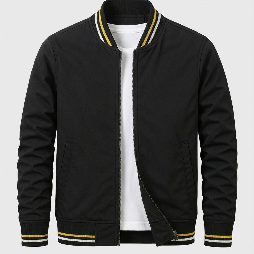 Rib-Knit Trim Bomber Jacket with Zip Front and Stand Collar