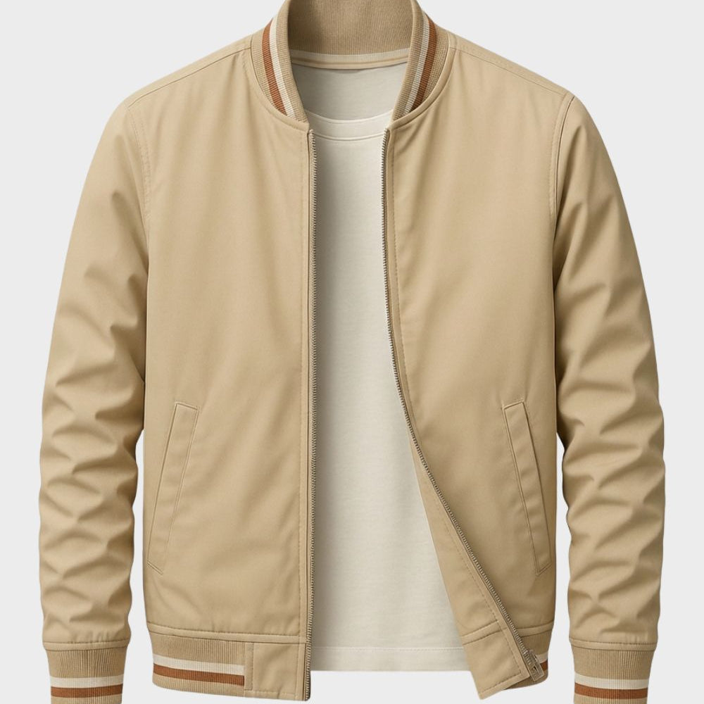 Rib-Knit Trim Bomber Jacket with Zip Front and Stand Collar