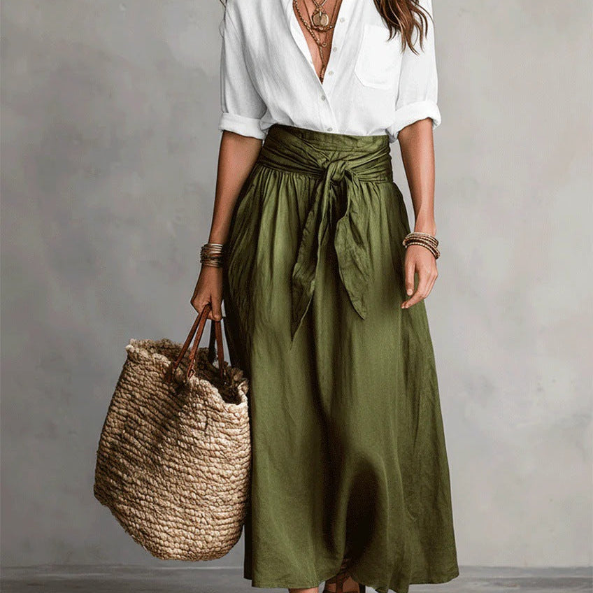 Button-Front Shirt and Maxi Skirt Set with Tie Waist