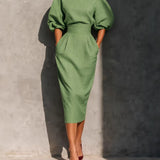 Puff Sleeve Midi Dress with Boat Neck and High Waist