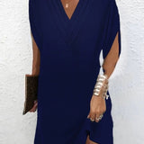 Draped V-Neck Shift Mini Dress with Split Sleeves
