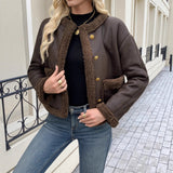 Cropped Sherpa Trim Jacket with Button-Front and Patch Pockets