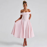Off-Shoulder A-Line Pleated Midi Dress