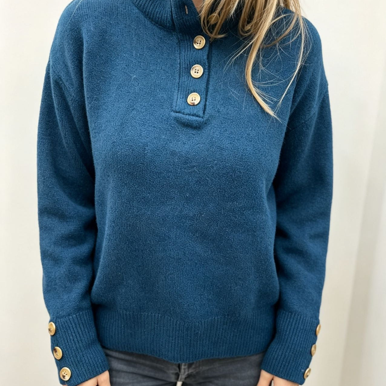 Button-Front Mock Neck Knit Sweater with Long Sleeves