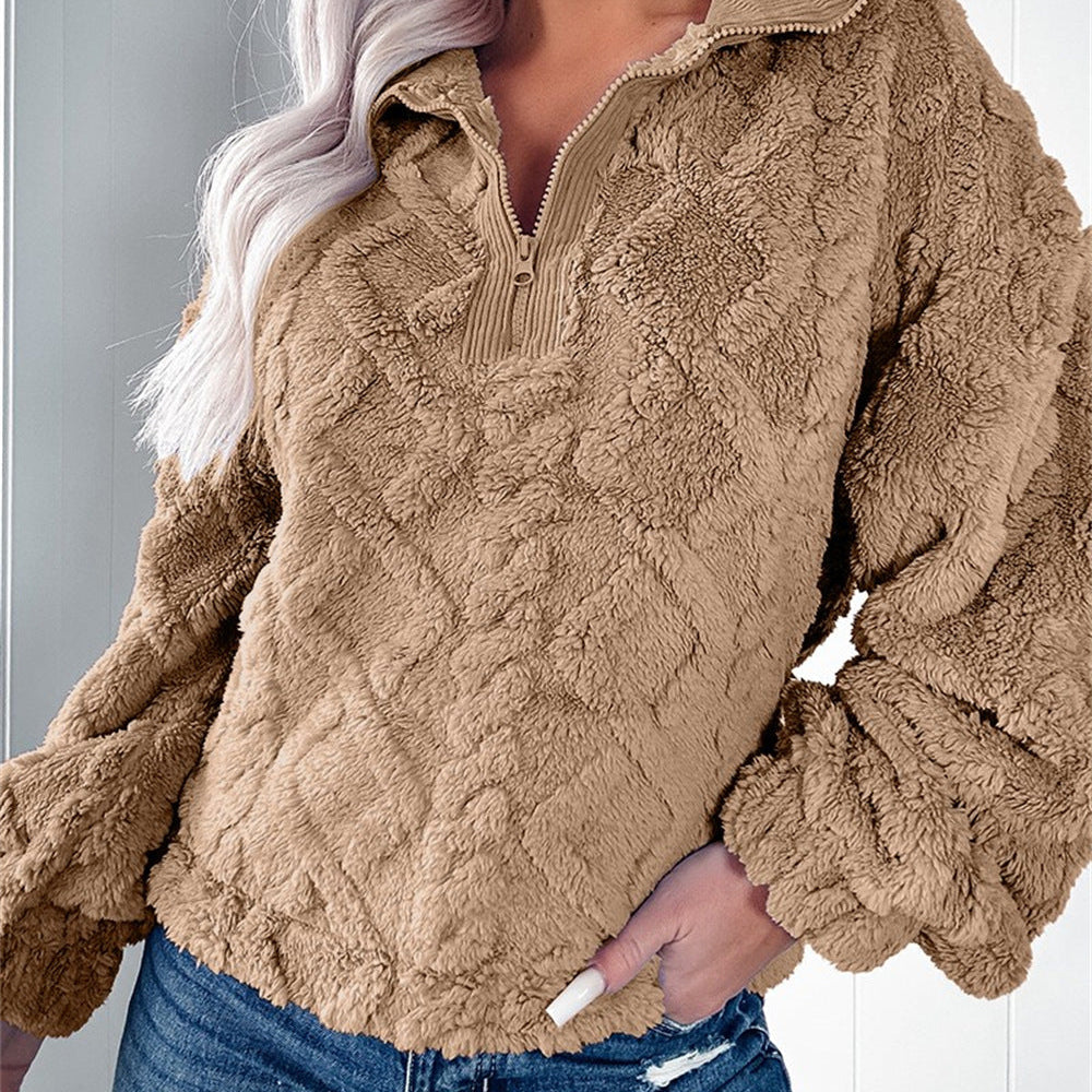 Sherpa Fleece Half-Zip Pullover with Balloon Sleeve