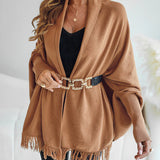 Fringe Hem Poncho with Shawl Collar and Dolman Sleeve
