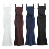 Satin Mermaid Maxi Dress with Square Neck and Wide Straps