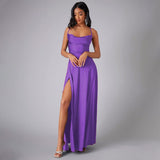 Satin A-Line Maxi Dress with Cowl Neck and Thigh Slit