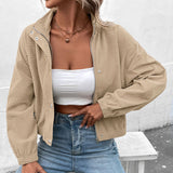 Cropped Snap-Button Jacket with Stand Collar and Long Sleeves