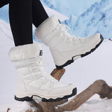 Women's Winter Boots with Faux Fur Look Cuffs and Lace Up Front in Mid Calf Snow Boot Style