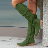 Women's Knee High Boots with Slouchy Shaft and Buckle Strap Detail with Low Block Heel and Side Zipper