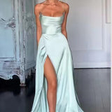 Satin A-Line Maxi Dress with Cowl Neck and Thigh Slit