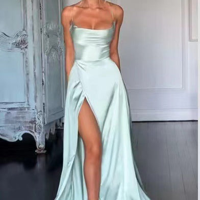 Satin A-Line Maxi Dress with Cowl Neck and Thigh Slit