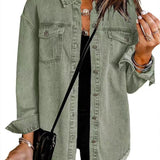 Oversized Denim Shirt Jacket with Button Front and Frayed Hem
