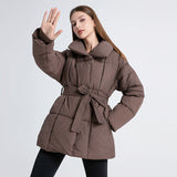 Belted Quilted Puffer Coat with High Collar and Side Pockets