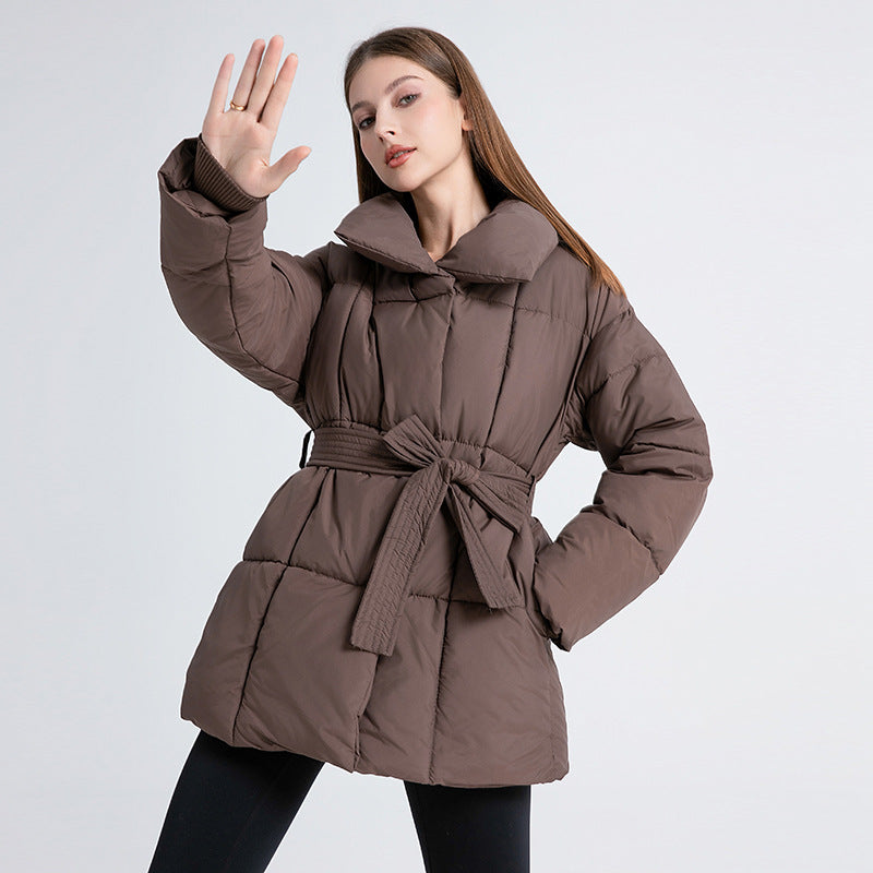 Belted Quilted Puffer Coat with High Collar and Side Pockets