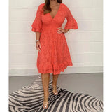 Eyelet Lace Midi Dress with V-Neck and Ruffle Sleeves